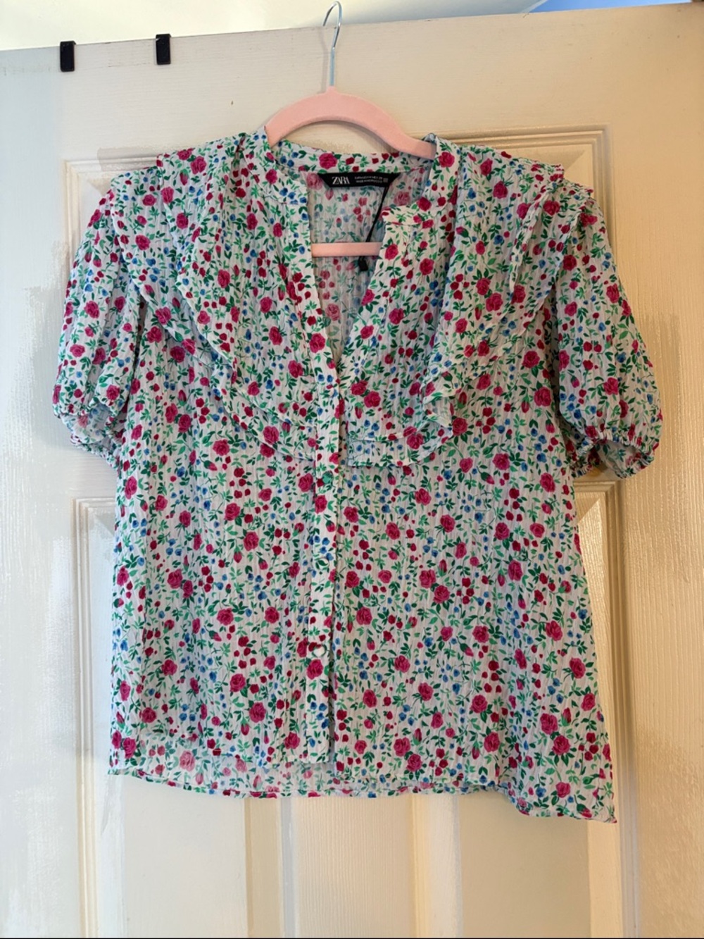Zara White Blouse with Pink & Green Floral Print